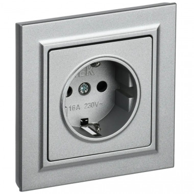 Розетка с заземлением с защитными шторками 16А в сборе IEK Brite РСР14-1-0-БрА алюминий — Multielectrika