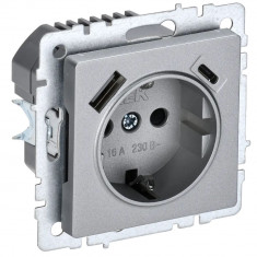 Розетка с заземлением с защитными шторками 16А с USB A+C 18Вт IEK Brite РЮш11-1-БрА алюминий &mdash; Multielectrika