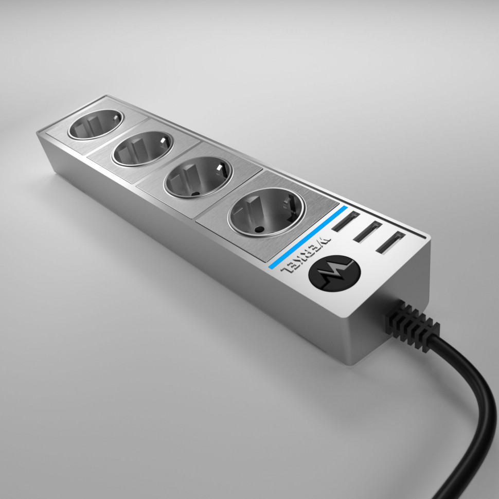 Розеточный блок 4-х местный + 3 USB серебряный/серебряный рифленый WL20-04-03 фото 1 — Multielectrika