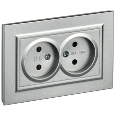 Розетка двойная без заземления с защитными шторками 10А в сборе IEK Brite РСш12-2-БрА алюминий &mdash; Multielectrika
