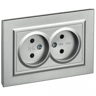 Розетка двойная без заземления с защитными шторками 10А в сборе IEK Brite РСш12-2-БрА алюминий — Multielectrika