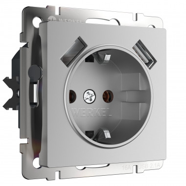 Розетка с заземлением, шторками и USBх2 (серебряный) W1171506 — Multielectrika