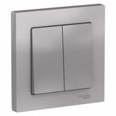 Выключатель двухклавишный Schneider Electric Atlas Design в сборе с рамкой, алюминий &mdash; Multielectrika