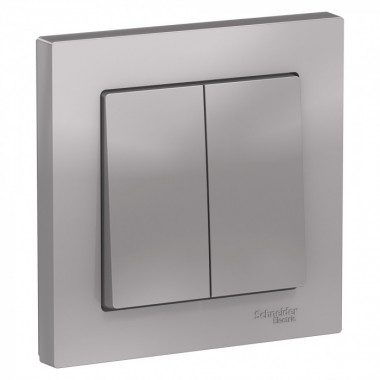 Выключатель двухклавишный Schneider Electric Atlas Design в сборе с рамкой, алюминий — Multielectrika