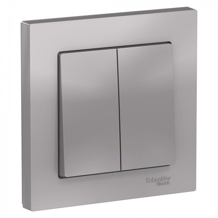 Выключатель двухклавишный Schneider Electric Atlas Design в сборе с рамкой, алюминий фото 1 — Multielectrika