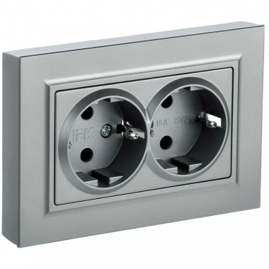 Розетка двойная с заземлением с защитными шторками 16А в сборе IEK Brite РСш12-3-БрА алюминий — Multielectrika