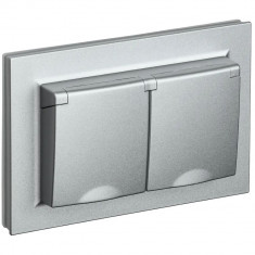 Розетка двойная с заземлением с защитными шторками и крышкой 16А в сборе IP44 IEK Brite РСбш12-3-44-БрА алюминий &mdash; Multielectrika