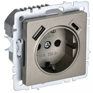 Розетка с заземлением с защитными шторками 16А с USB A+C 18Вт IEK Brite РЮш11-1-БрШ шампань — Multielectrika