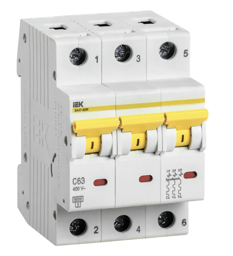 Автоматический выключатель ВА 47-60M 3Р 63А 6 кА характеристика С IEK MVA31-3-063-C фото 1 — Multielectrika