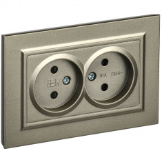 Розетка двойная без заземления с защитными шторками 10А в сборе IEK Brite РСш12-2-БрШ шампань &mdash; Multielectrika