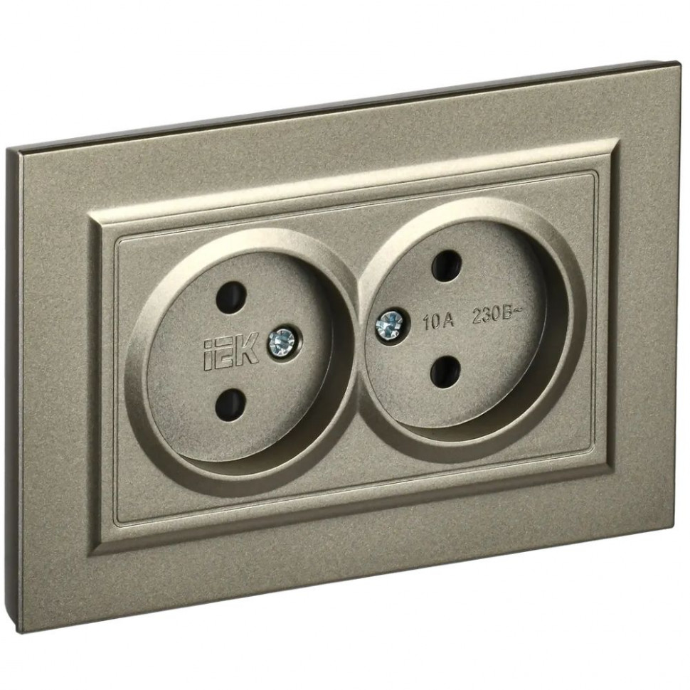 Розетка двойная без заземления с защитными шторками 10А в сборе IEK Brite РСш12-2-БрШ шампань фото 1 — Multielectrika
