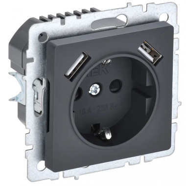 Розетка с заземлением с защитными шторками 16А с USB A+A 5В 2,1А IEK Brite РЮш10-1-БрГ графит — Multielectrika