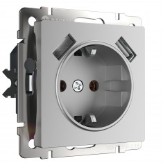 Розетка с заземлением, шторками и USBх2 (серебряный) WL06-SKGS-USBx2-IP20 &mdash; Multielectrika
