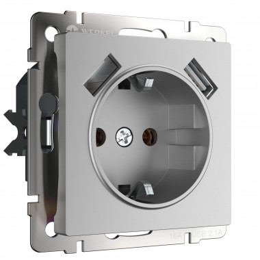 Розетка с заземлением, шторками и USBх2 (серебряный) WL06-SKGS-USBx2-IP20 — Multielectrika