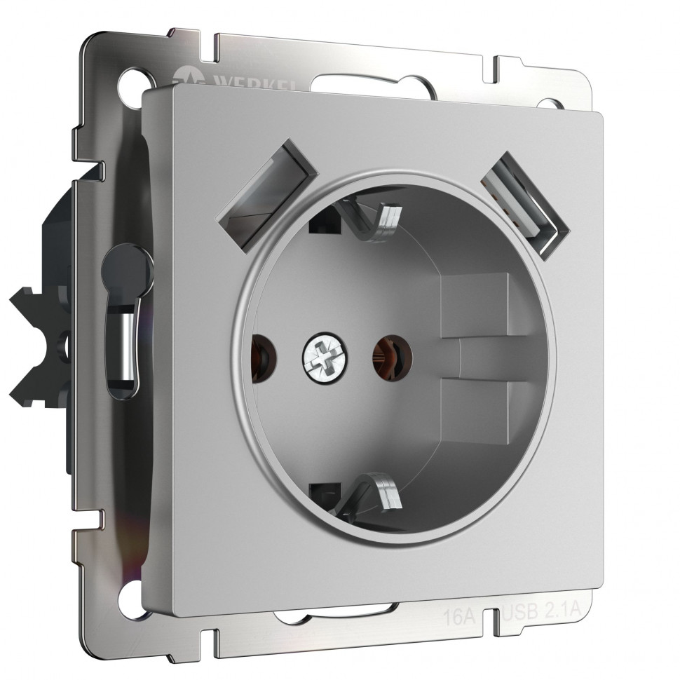 Розетка с заземлением, шторками и USBх2 (серебряный) WL06-SKGS-USBx2-IP20 фото 1 — Multielectrika
