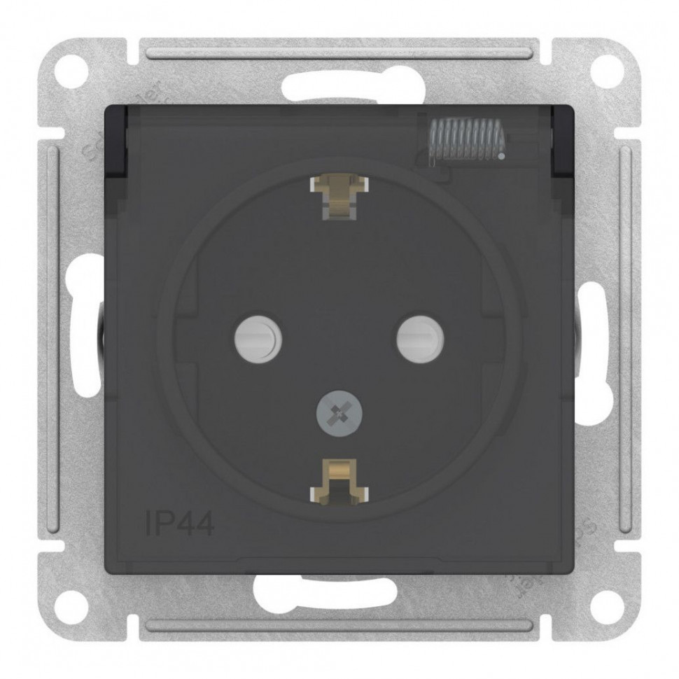 Розетка силовая Systeme Electric AtlasDesign Aqua IP44 со шторками и крышкой, карбон фото 1 — Multielectrika