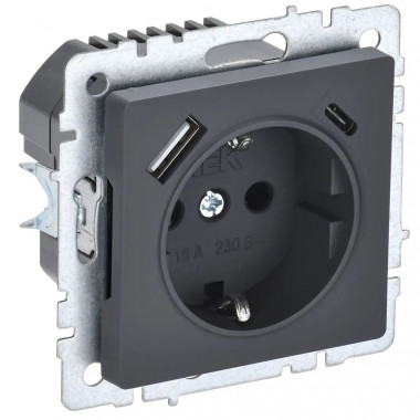 Розетка с заземлением с защитными шторками 16А с USB A+C 18Вт IEK Brite РЮш11-1-БрГ графит — Multielectrika