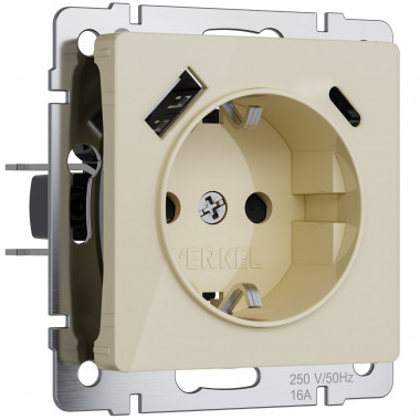 Розетка с заземлением, шторками и USB A+C (айвори акрил) W1171743 — Multielectrika
