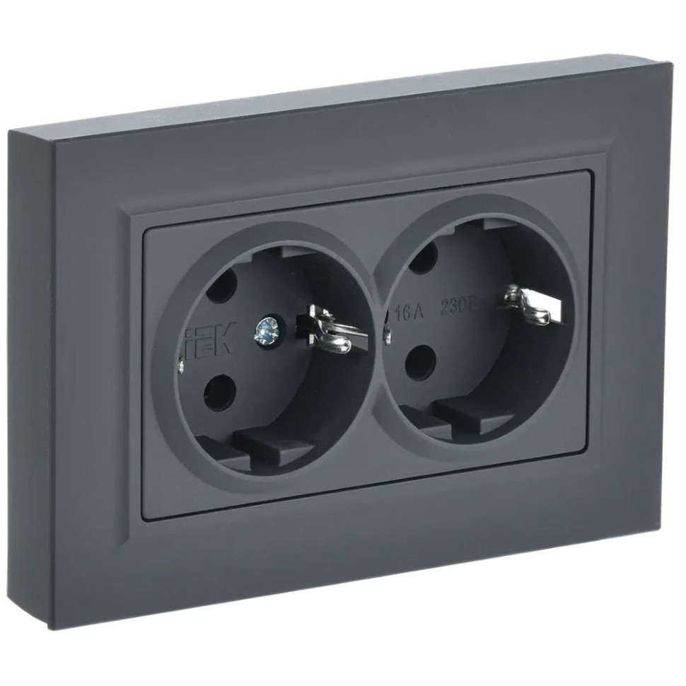 Розетка двойная с заземлением без защитных шторок 16А в сборе IEK Brite РС12-3-БрГ графит фото 1 — Multielectrika