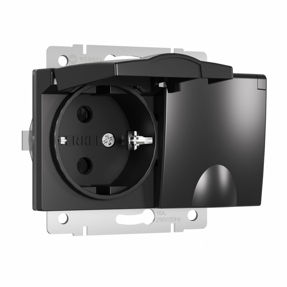 Розетка двойная влагозащ. с зазем. с защит. крышками и шторками (черный матовый) W1172208 фото 1 — Multielectrika