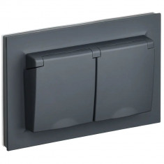 Розетка двойная с заземлением с защитными шторками и крышкой 16А в сборе IP44 IEK Brite РСбш12-3-44-БрГ графит &mdash; Multielectrika