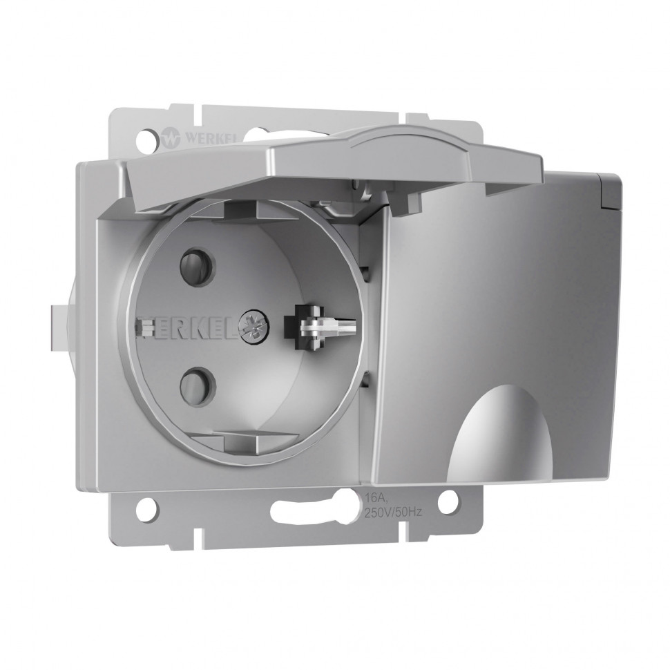 Розетка двойная влагозащ. с зазем. с защит. крышками и шторками серебряный W1172206 фото 1 — Multielectrika