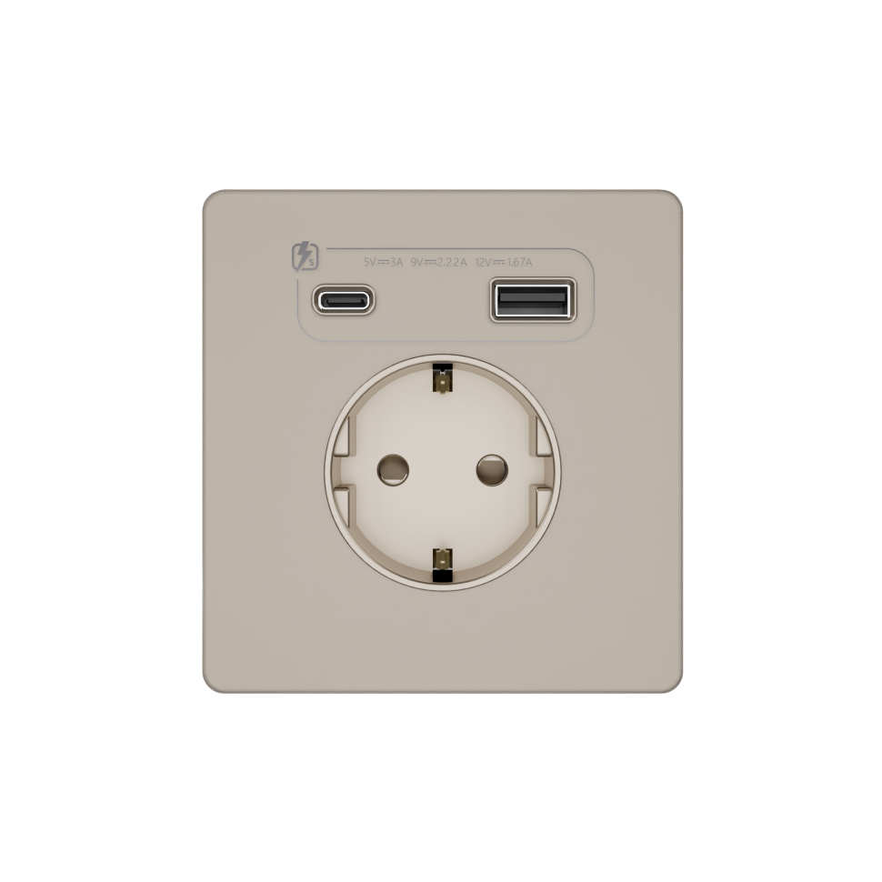 Systeme Infinity, Розетка 2К+З и зарядным устройствомUSB А+С 20Вт (250В, 16А, защитные шторки), FSE000532, Песчаный берег фото 1 &mdash; Multielectrika