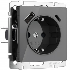 Розетка с заземлением, шторками и USB тип A+C (графит акрил) W1171744 &mdash; Multielectrika