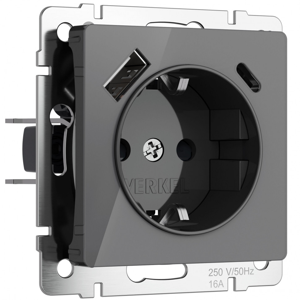 Розетка с заземлением, шторками и USB тип A+C (графит акрил) W1171744 фото 1 &mdash; Multielectrika