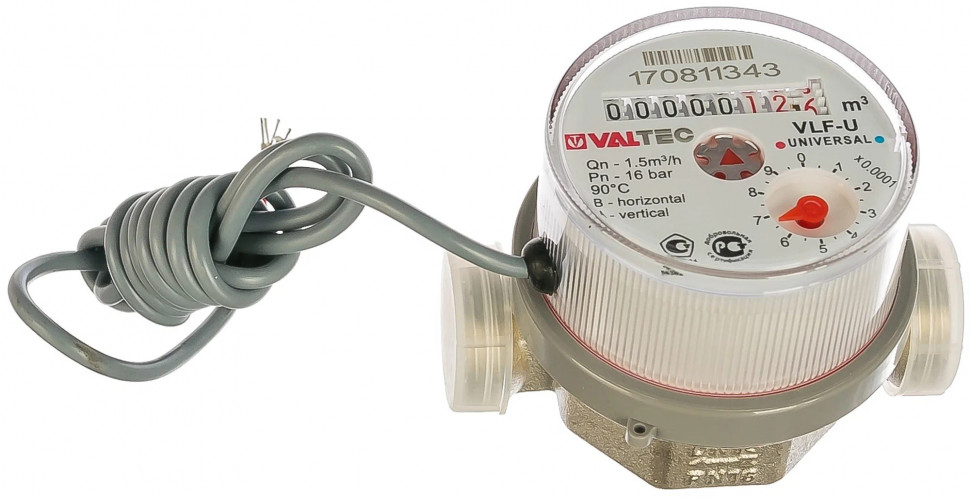 Водосчетчик универсальный квартирный, с импульсным выходом, без сгонов, до +90°C, 1,5м3, 1/2", 80мм Valtec VLF-15U-IL фото 1 &mdash; Multielectrika