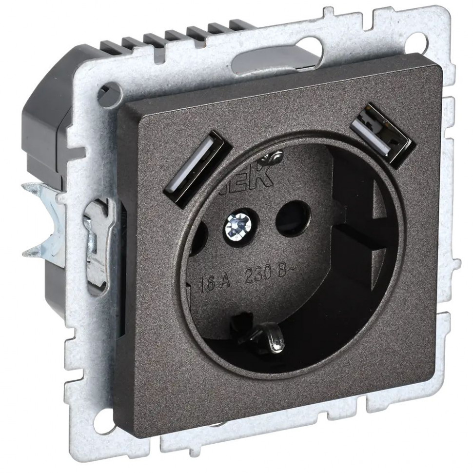 Розетка с заземлением с защитными шторками 16А с USB A+A 5В 3,1А IEK Brite РЮш10-2-БрТБ темная бронза фото 1 — Multielectrika