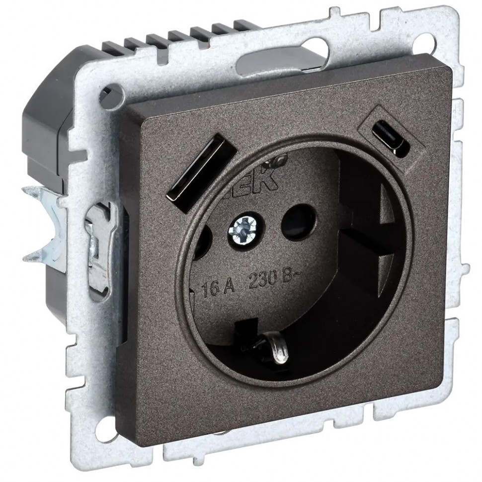 Розетка с заземлением с защитными шторками 16А с USB A+C 18Вт IEK Brite РЮш11-1-БрТБ темная бронза фото 1 — Multielectrika