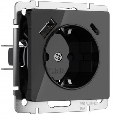 Розетка с заземлением, шторками и USB тип A+C (черный акрил) W1171748 &mdash; Multielectrika