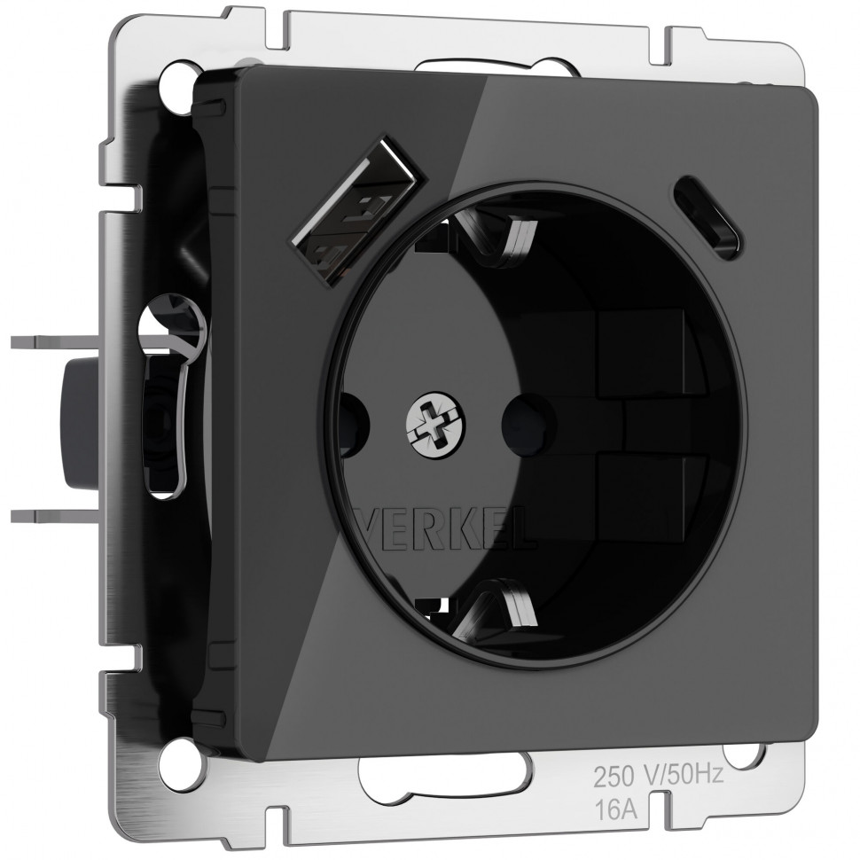 Розетка с заземлением, шторками и USB тип A+C (черный акрил) W1171748 фото 1 &mdash; Multielectrika