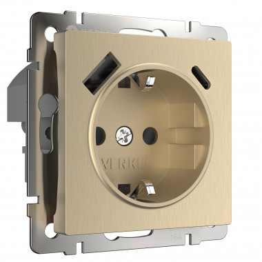 Розетка с заземлением, шторками и USB тип A+C (шампань рифленый) W1171710 — Multielectrika