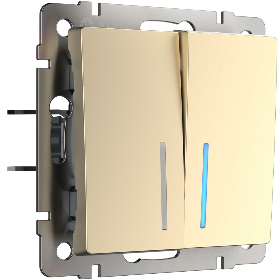 Выключатель  двухклавишный проходной с подсветкой (шампань) W1122111 фото 1 &mdash; Multielectrika