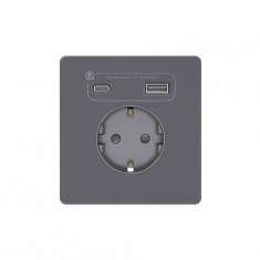Systeme Infinity, Розетка 2К+З и зарядным устройством USB А+С 20Вт (250В, 16А, защитные шторки), FSE000732, Вулканический пепел &mdash; Multielectrika