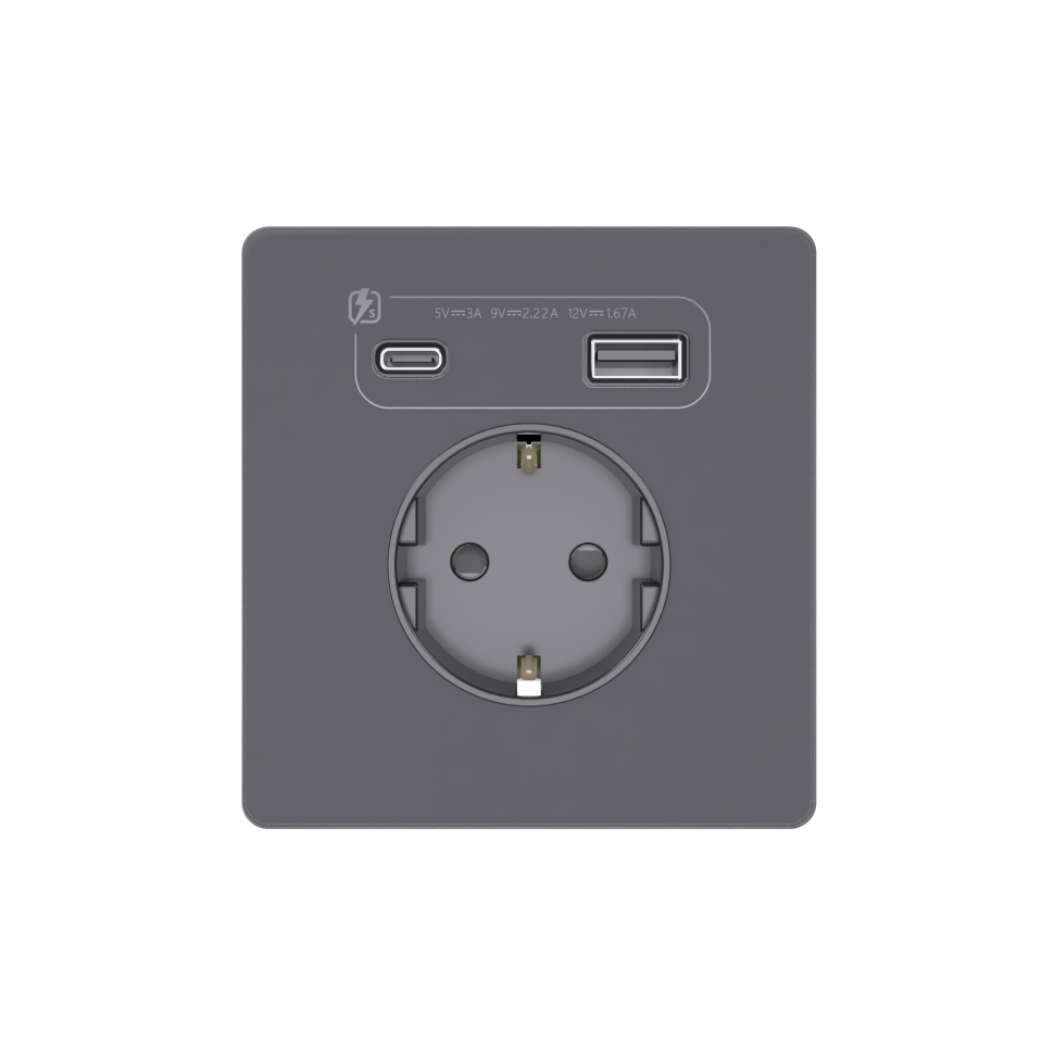 Systeme Infinity, Розетка 2К+З и зарядным устройством USB А+С 20Вт (250В, 16А, защитные шторки), FSE000732, Вулканический пепел фото 1 &mdash; Multielectrika