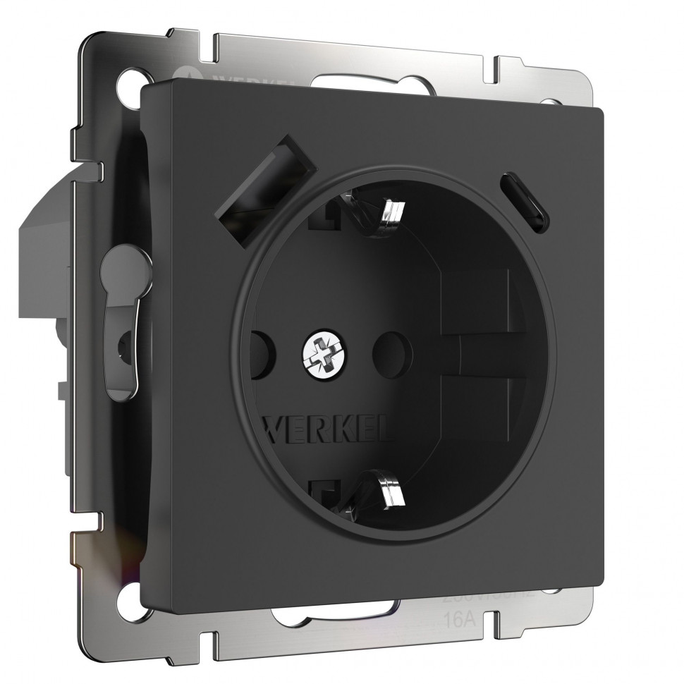 Розетка с заземлением, шторками и USB тип A+C (черный матовый) W1171708 фото 1 &mdash; Multielectrika