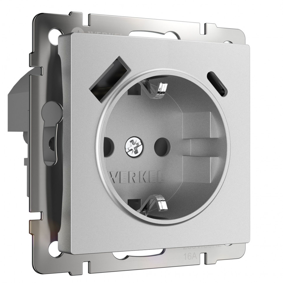 Розетка с заземлением, шторками и USB тип A+C (серебряный матовый) W1171765 фото 1 &mdash; Multielectrika
