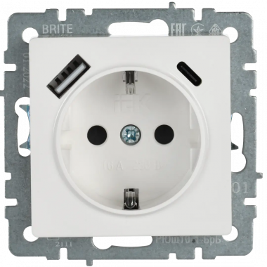Розетка с заземлением с защитными шторками 16А с USB A+C 18Вт IEK Brite РЮш11-1-БрБ белая — Multielectrika