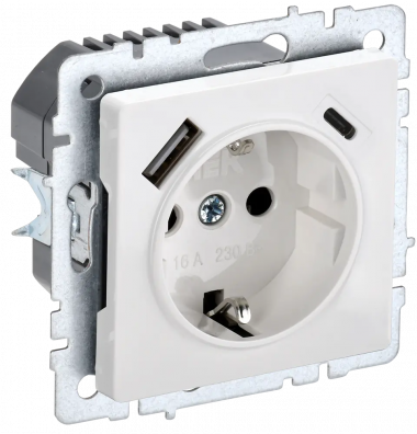 Розетка с заземлением с защитными шторками 16А с USB A+C 18Вт IEK Brite РЮш11-1-БрБ белая — Multielectrika