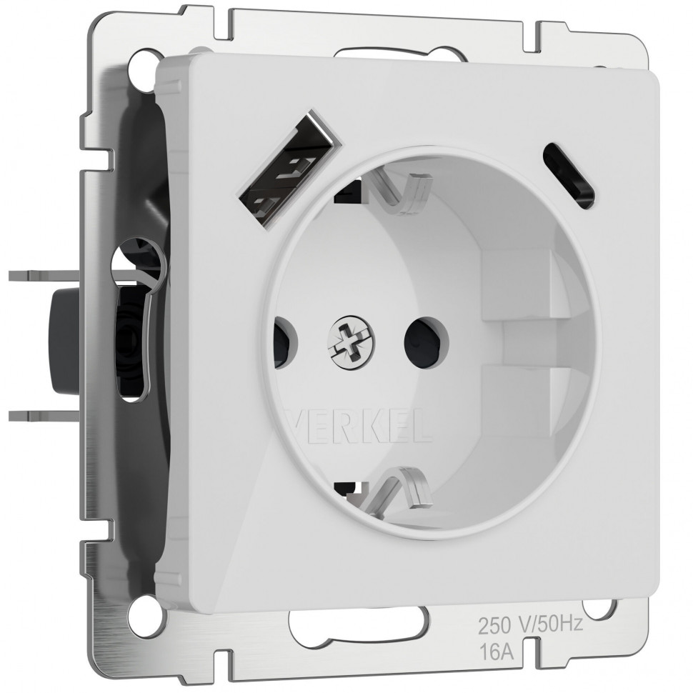 Розетка с заземлением, шторками и USB тип A+C (белый акрил) W1171741 фото 1 &mdash; Multielectrika