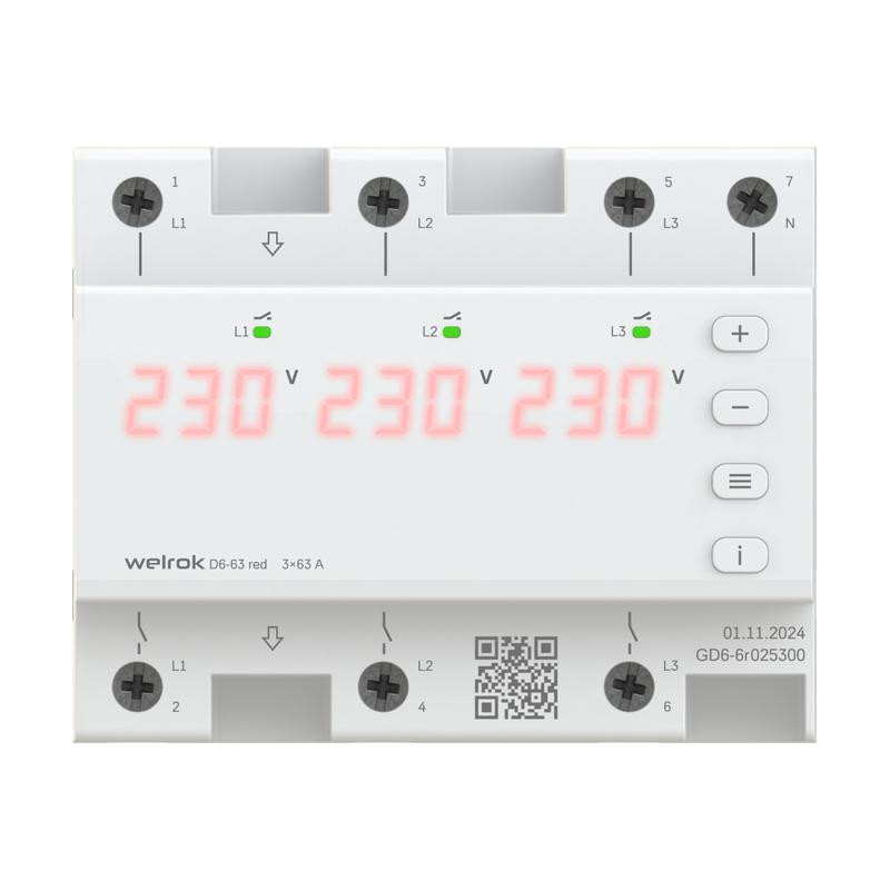 Реле напряжения для трехфазной и однофазной нагрузки Welrok D6-63 red фото 1 &mdash; Multielectrika