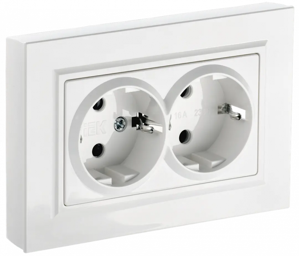 Розетка двойная с заземлением с защитными шторками 16А в сборе IEK Brite РСш12-3-БрБ белая фото 1 — Multielectrika