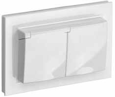 Розетка двойная с заземлением с защитными шторками и крышкой 16А в сборе IP44 IEK Brite РСбш12-3-44-БрБ белая &mdash; Multielectrika