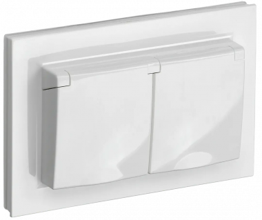 Розетка двойная с заземлением с защитными шторками и крышкой 16А в сборе IP44 IEK Brite РСбш12-3-44-БрБ белая — Multielectrika