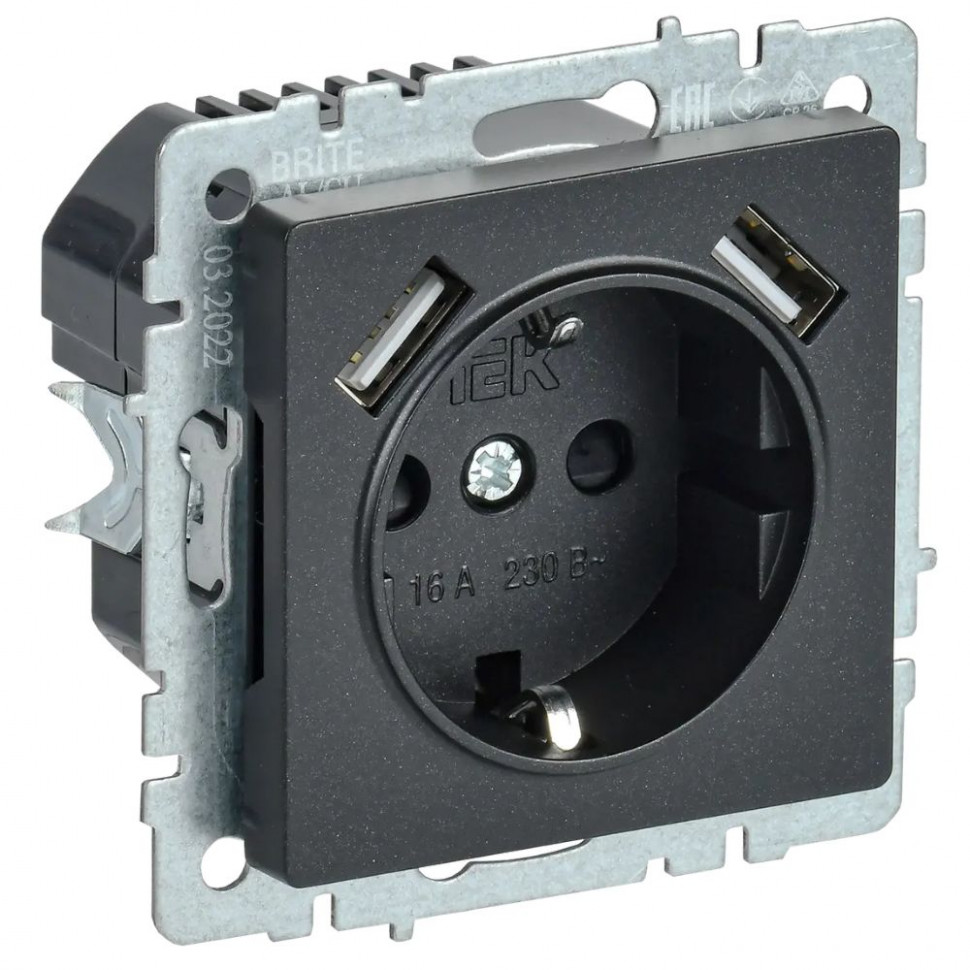 Розетка с заземлением с защитными шторками 16А с USB A+A 5В 2,1А IEK Brite РЮш10-1-БрЧ черная фото 1 — Multielectrika
