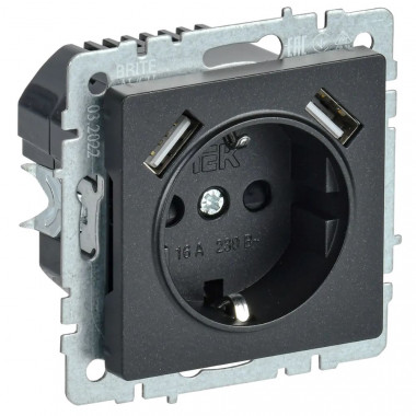Розетка с заземлением с защитными шторками 16А с USB A+A 5В 3,1А IEK Brite РЮш10-2-БрЧ черная — Multielectrika