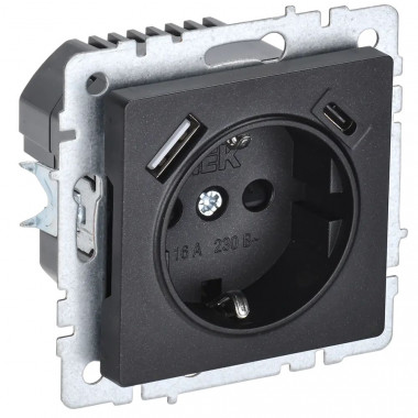 Розетка с заземлением с защитными шторками 16А с USB A+C 18Вт IEK Brite РЮш11-1-БрЧ черная — Multielectrika